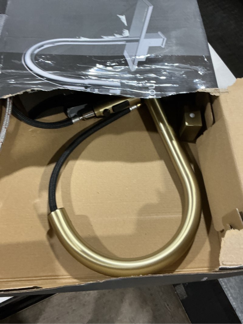 Condition photo showing As Is for MBILLION Waterfall Kitchen Faucet with Pull-Down Magnetic Sprayer Brushed Gold, Stainless Steel, 4 Functions, Single-Hole Mount, Built-in Shelf, 360° Rotation Farmhouse Commercial RV Bar Sink Faucet Brushed Gold 4 Function Knob