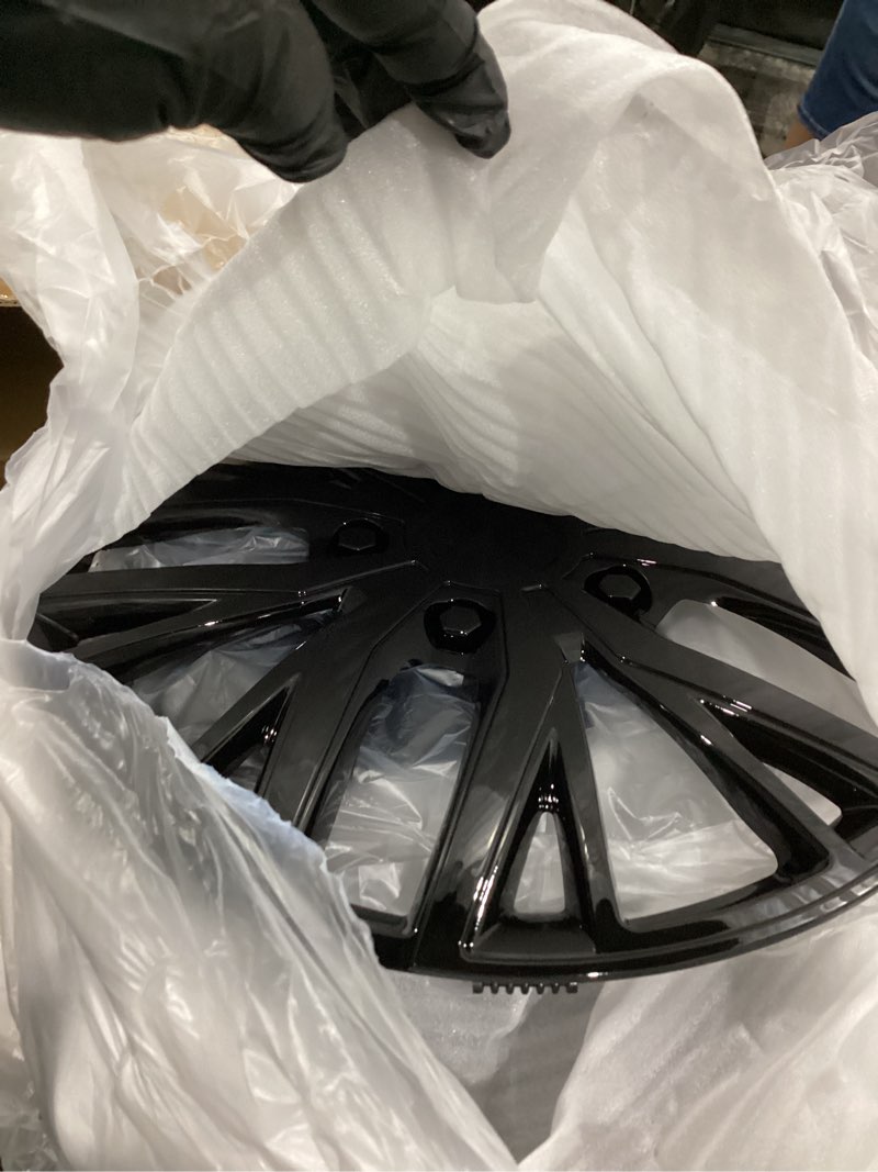 Condition photo showing As Is for 15 inch gloss black sporty 10-spoke design universal wheel covers hubcaps for steel wheels, set of 4, patented adjustable snap-on design, tool-free install gloss black 15-inch