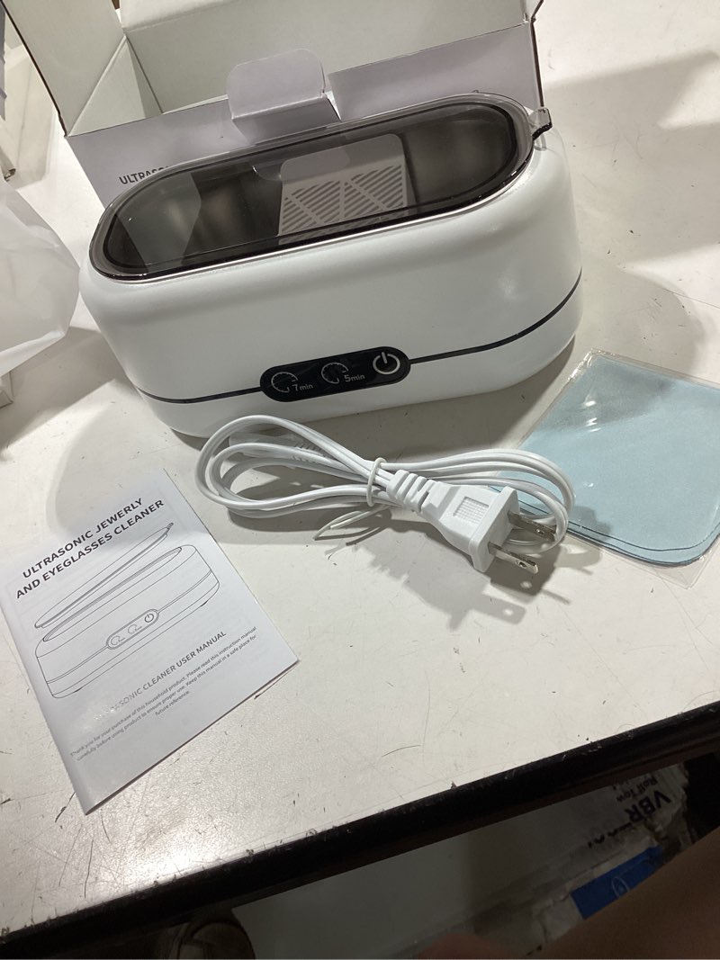 Condition photo showing New/Like New for ultrasonic jewelry cleaner, 48khz ultrasonic cleaner machine for jewelry, eyeglasses, rings, watch strap, dentures- dual cleaning modes, 304 stainless steel tank - white