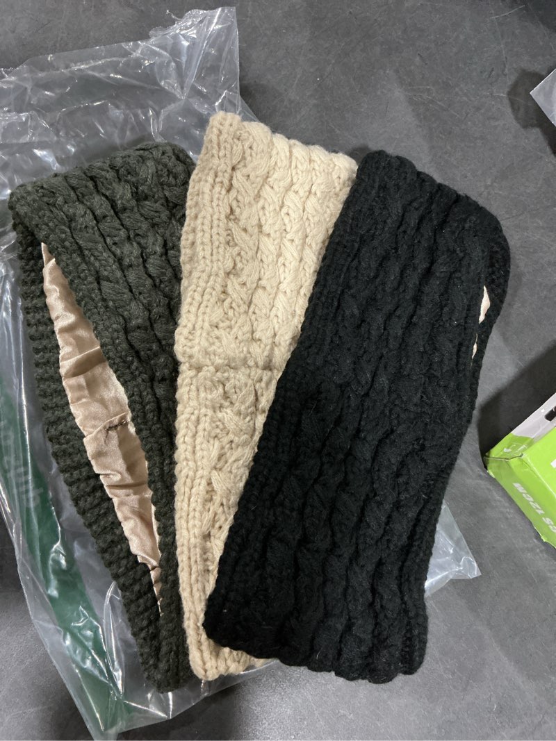 Condition photo showing New/Like New for 3 Pack Satin Lined Winter Headbands for Women, Silk Lined Beanie Caps Ear Warmers for Natural Curly Ponytail Hair(Black, Light Gray, Khaki,Delicate) Black, Light Gray, Khaki Cable Knit