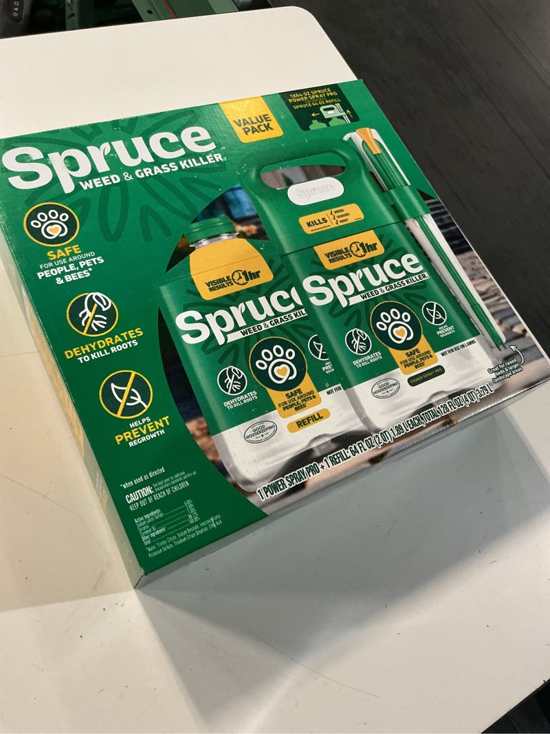 Condition photo showing New/Like New for spruce weed & grass killer kit, 1 power spray starter kit and 1 refill, 64oz x 64oz