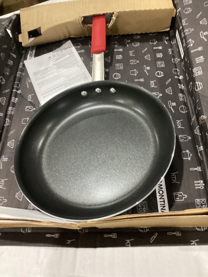Condition photo showing Good Condition for tramontina professional 12-inch non stick large frying pan, heavy-gauge aluminum skillet with reinforced nonstick coating, red handle, dishwasher and oven safe nonstick (red handle) 12 inch