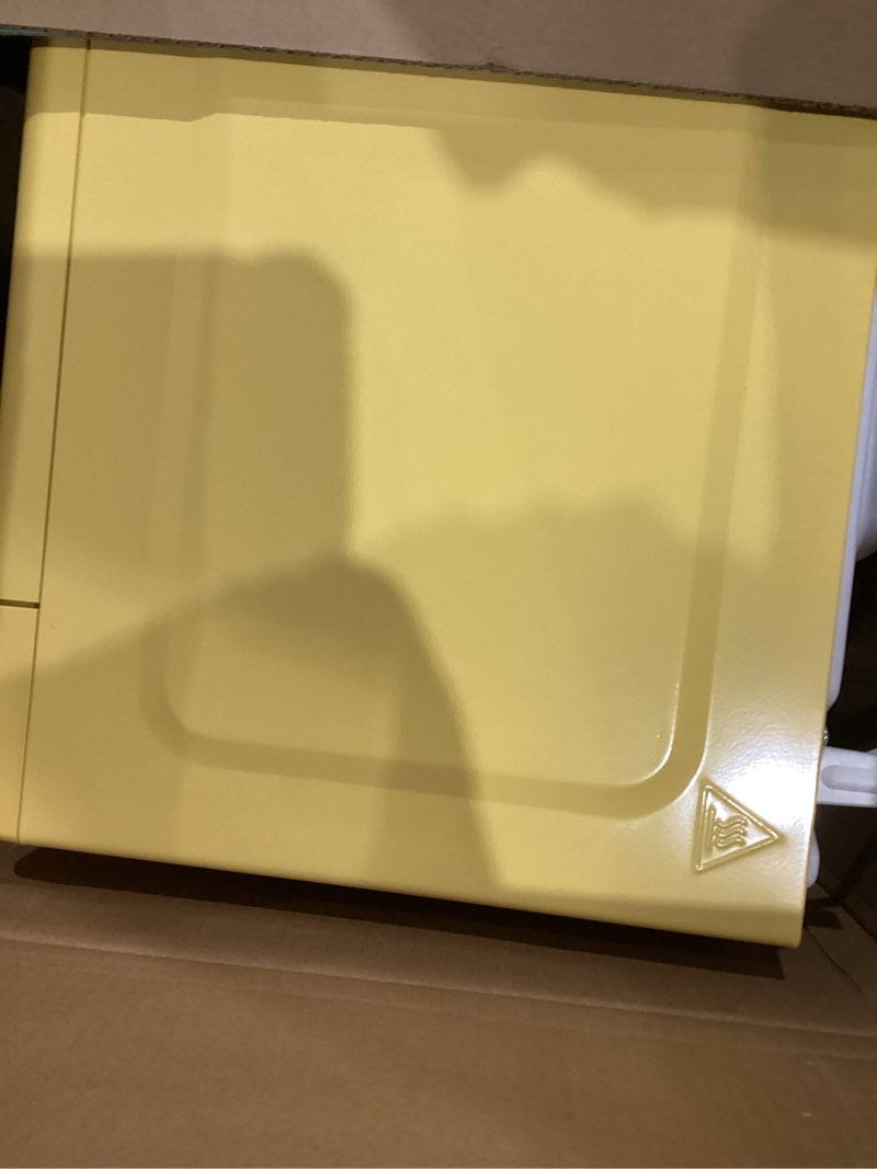 Condition photo showing As Is for nostalgia retro microwave - countertop microwave oven - includes 12 pre-programmed settings and digital clock - 0.9 cu ft. - 800 watts - yellow retro classic 0.9 cu. ft. yellow