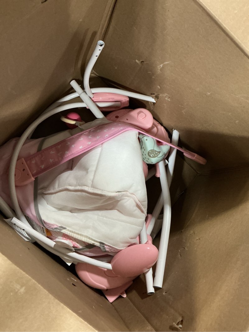 Condition photo showing As Is for portable baby swing, pink electric infant swing with 5 speed levels, 6 songs & timer – battery-powered only (no batteries included) pink and white