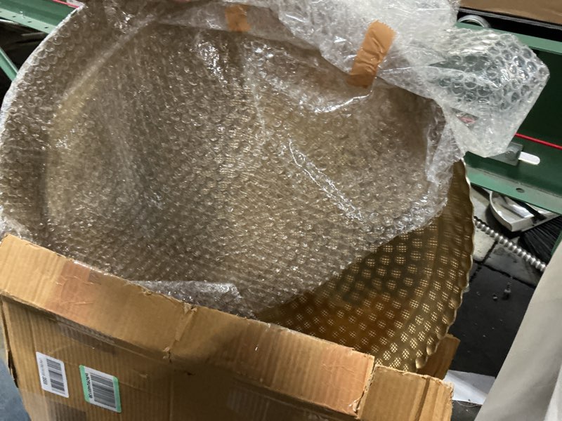 Condition photo showing As Is for Red Co. 20” Large Round Decorative Antique Gold-Tone Aluminum Display and Serving Centerpiece Tray