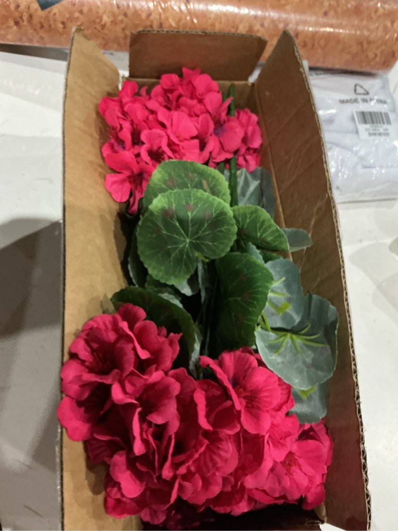 Condition photo showing Good Condition for artificial flowers for outdoors – bundles of uv-resistant artificial geraniums, realistic silk flowers for front porch, patio, garden, window boxes & hanging baskets (fuchsia, 6) fuchsia 6 bundles