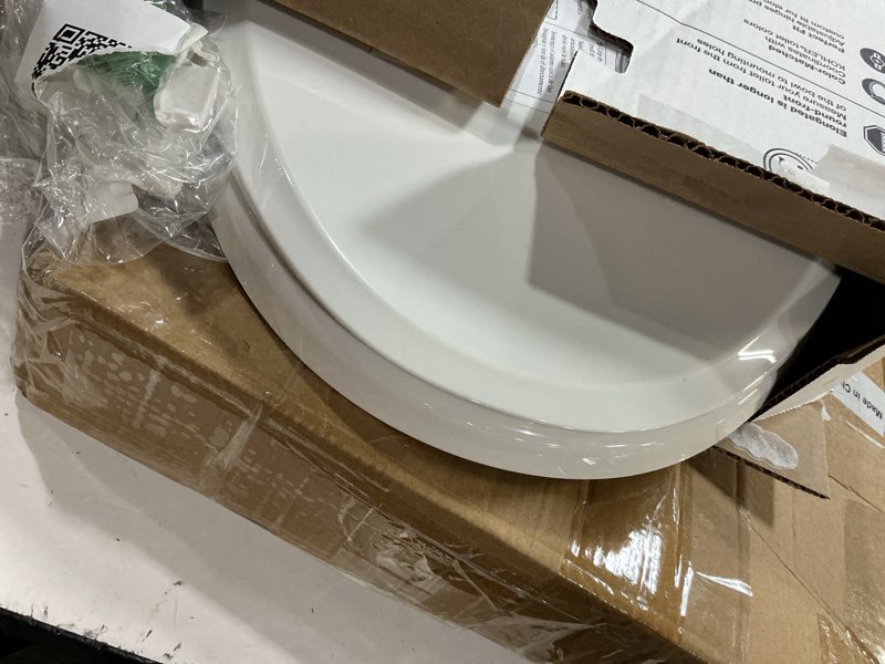 Condition photo showing As Is for kohler 4636-rl-0 cachet readylatch elongated toilet seat slow close, soft close toilet seat quiet lid, contoured grip-tight bumpers installation hardware, apartment essentials, white white elongated ready latch