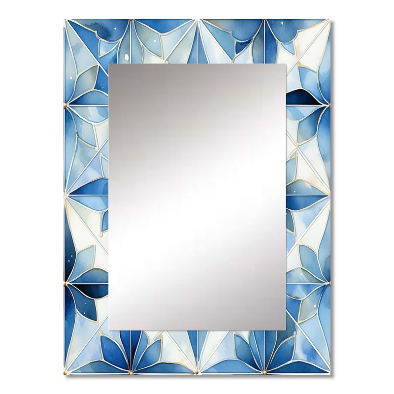 Vintage Blue And White Mosaic Geometric - Damask Mirror Wall Dec  24 x 32 