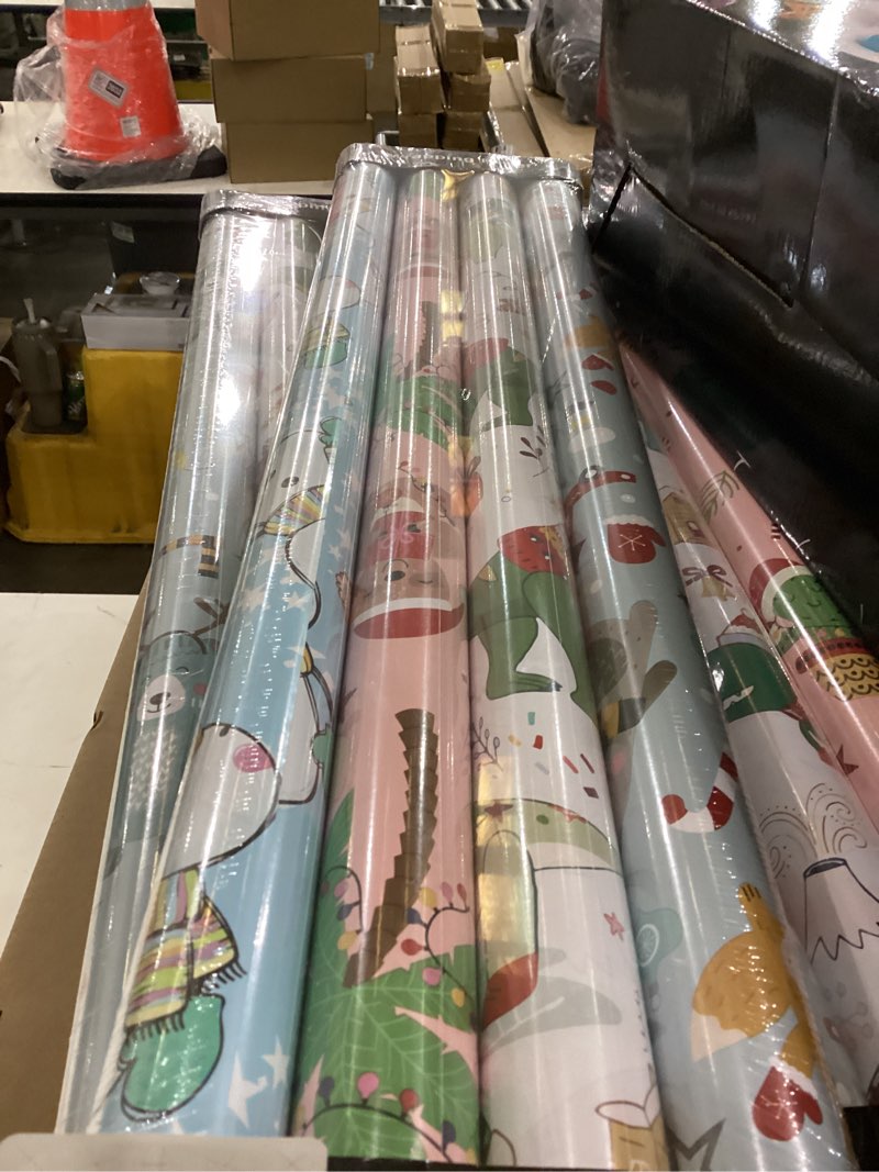 Condition photo showing New/Like New for AUCLAY Christmas Wrapping Paper Rolls for Kids Holiday Gift Wrap - Cute Styles Included Dinosaur, Snowman, Santa Animals, Alpaca and Sloth - Pack of 4, 23.6 Inch X 8 Feet per Roll