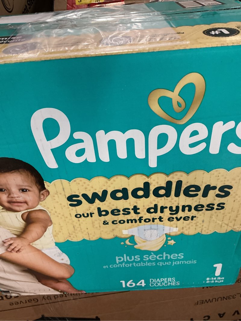 Condition photo showing New/Like New for pampers swaddlers diapers, size 1 (8-14 lbs), 164 count, absorbent, keeps baby dry and comfortable, skin safe disposable baby diaper size 1 164