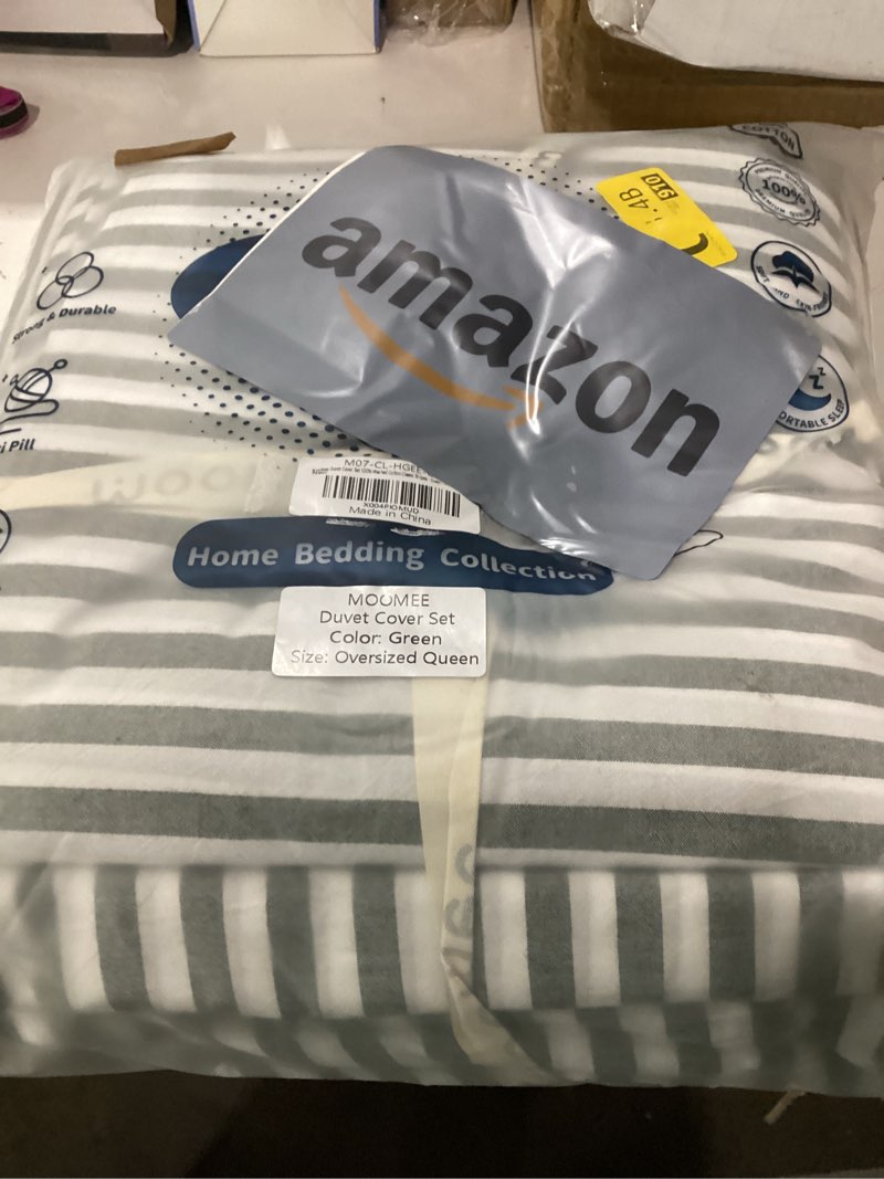 Condition photo showing Good Condition for moomee striped duvet cover set 100% washed cotton linen like textured breathable durable soft comfy (heathered green classic stripes, oversized queen 98"x98") classic stripes - heathered green (no comforter) oversized queen (98"x98")