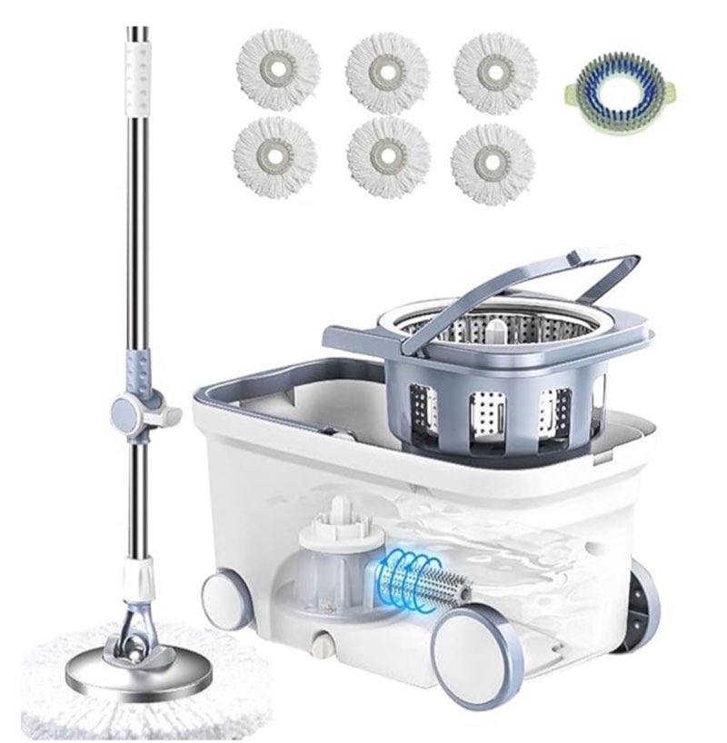 Michao Spin Mop Bucket Deluxe 360 Spinning Floor Cleaning System with 6 Microfiber Replacement Head 