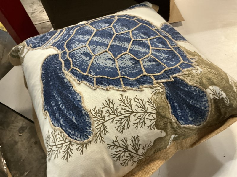 Condition photo showing Good Condition for saro lifestyle neptunian coastal throw pillow – 20” x 20”, woven cotton cover with jute trim, zipper closure, down & feather insert – sea turtle, navy blue