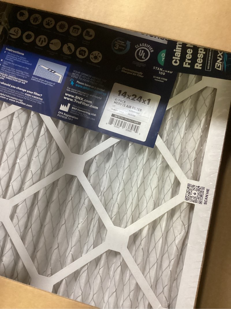 Condition photo showing New/Like New for BNX TruFilter 14x24x1 Air Filter MERV 13 (4-Pack) - MADE IN USA - Electrostatic Pleated Air Conditioner HVAC AC Furnace Filters for Allergies, Pollen, Mold, Bacteria, Smoke, Allergen, MPR 1900 FPR 10 14x24x1 4-Pack