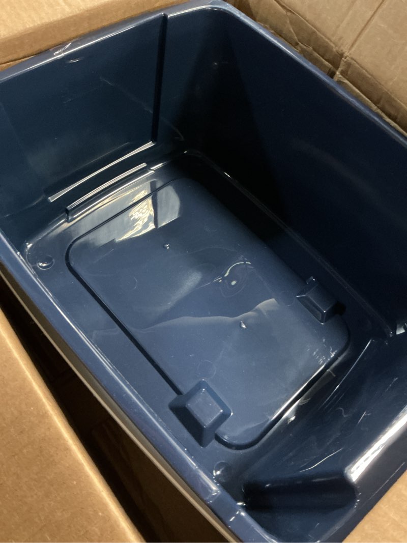 Condition photo showing As Is for iris usa cat litter box, litter box enclosure with scoop and front door flap, covered kitty litter box for privacy, portable, easy to clean, navy navy hooded