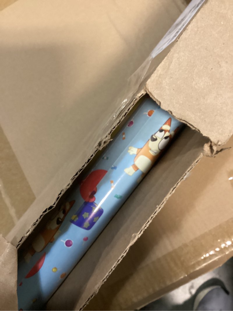 Condition photo showing New/Like New for Hallmark Bluey Wrapping Paper Rolls for Kids (3 Rolls: 60 Sq. Ft. Total) Purple, Blue and Yellow Gift Wrap for Birthdays, Christmas, Valentine's Day