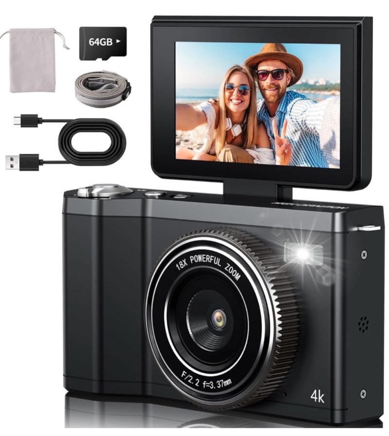 Digital Camera with 64GB SD Card Autofocus 64MP 4K Cameras for Photography 18X Digital Zoom Anti Sha