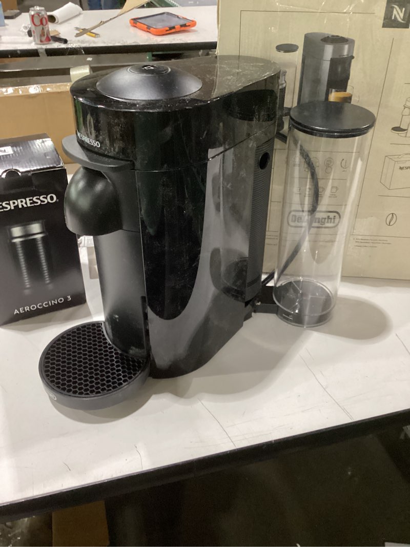 Condition photo showing Good Condition for not tested used nespresso vertuoplus coffee and espresso machine by de'longhi with milk frother, ink black machine + frother ink black