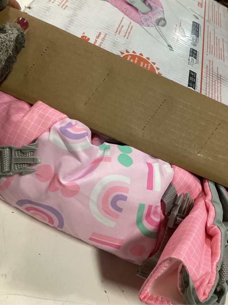 Condition photo showing Good Condition for bright starts pink paradise portable baby bouncer with vibrating infant seat and -toy bar, max weight 20 lbs., age 0-6 months