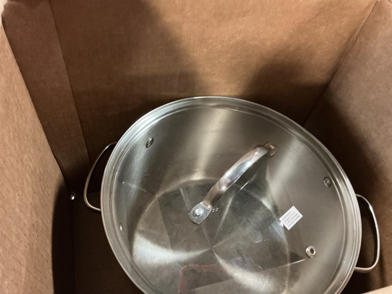 Condition photo showing As Is for Amazon Basics Stainless Steel Induction Compatible Stock Pot with Glass Lid, Oven Safe, Dishwasher Safe, Sturdy, 8 Quart, Silver