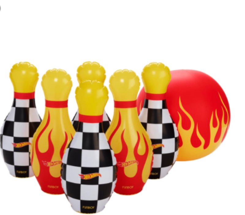 Hot Wheels & FUNBOY Inflatable Checkered Flame Kids Backyard Bowling Set with Large Ball and Six Bowli