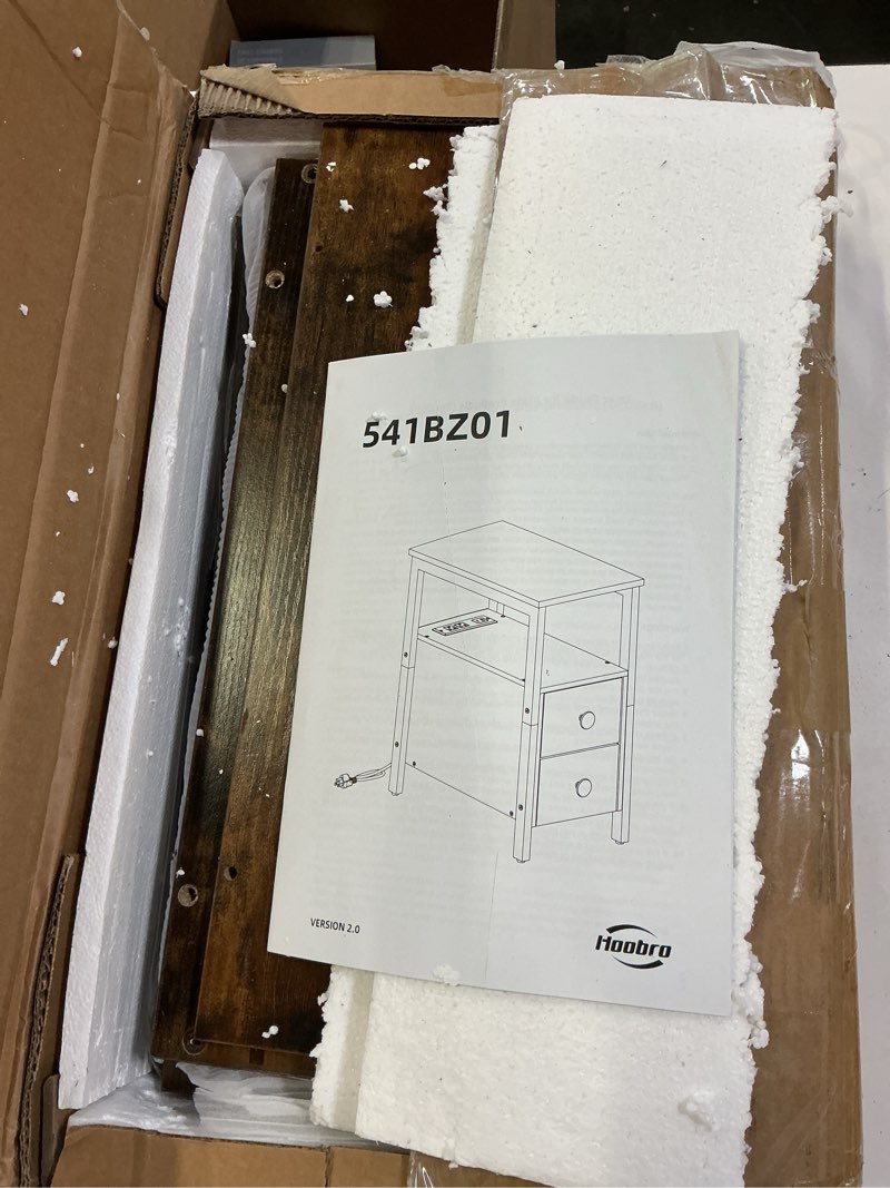 Condition photo showing Good Condition for Similar HOOBRO End Table with Charging Station, Narrow Side Table, Nightstand with 2 Non-Woven Drawers, Slim Sofa Side Table, for Small Spaces, Living Room, Bedroom, Rustic Brown and Black BF486UBZ01 11.8\"L x 18.9\"W x 23.6\"H Rustic Brown + Black 1