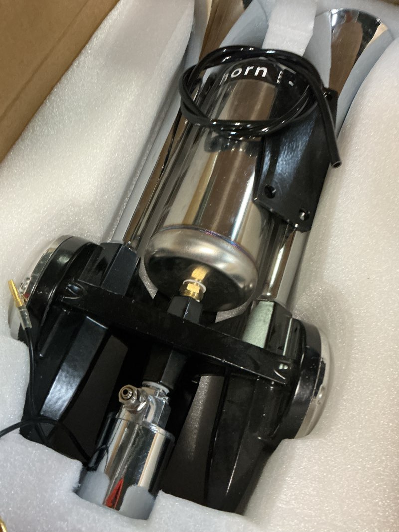 Condition photo showing As Is for car horn ship horn prolong the sound air horn loudspeaker horn silver double tube truck horn metal super loud with stainless steel air tank suitable for 12v 24v train ship car moto truck ect