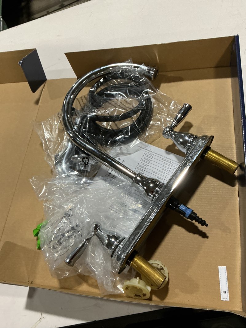 Condition photo showing As Is for Project Source BRICE Polished Chrome Double Handle Deck-mount Kitchen Faucet (Includes Deck Plate) (Includes Side Sprayer)