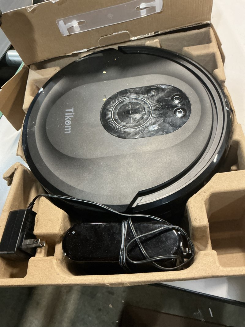 Condition photo showing As Is for tikom robot vacuum and mop combo, 5000pa robotic vacuum cleaner, 150 min max, app & remote control, ideal for hard floor, carpet, pet hair, self-charge(g8000 max)