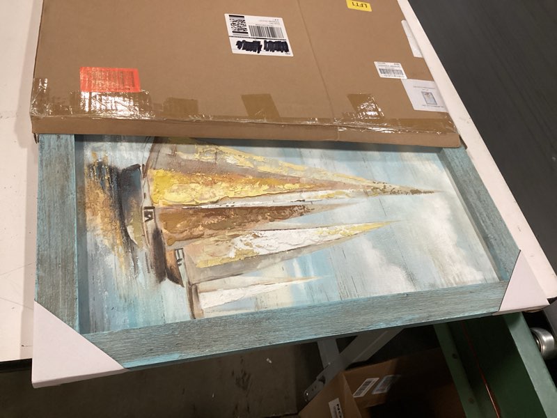 Condition photo showing Good Condition for Ocean Sailboat Seascape Wall Art: Rustic Sea Boat Wooden Framed Scenery Painting Prints Coastal Beach Seaside Relaxing Landscape Picture Artwork for Bedroom Bathroom Living Room 11x16 Inch Ocean Sailboat 16"L x 11"W