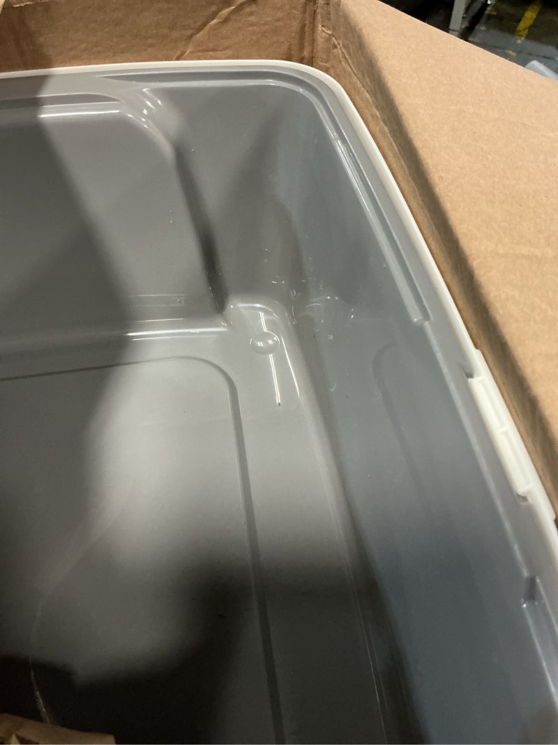 Condition photo showing As Is for amazon basics large cat litter box with high sides, open top for easy access, includes scoop with storage, 19" x 15" x 11.75", grey/beige grey/beige open top