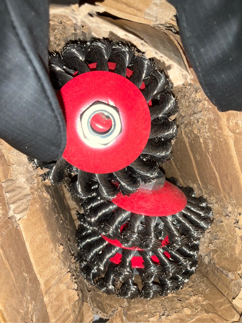 Condition photo showing As Is for Idong 10 Pack Wire Wheels for Angle Grinder, 4 Inch Twist Knotted Carbon Steel Wire Wheel for Angle Grinder, Heavy Duty Wire Wheel Brush with M14 Thread Arbor for Rust, Corrosion, Paint Removal Pack of 10