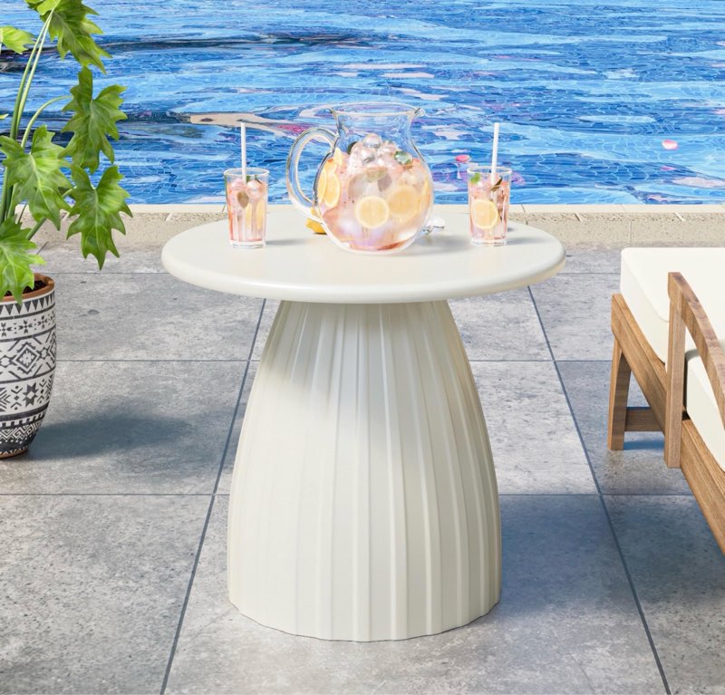 round small patio side table, metal steel outdoor side table, patio accent end table for garden, pool, deck, balcony, yard, living room, white, weather resistant, no assembly
