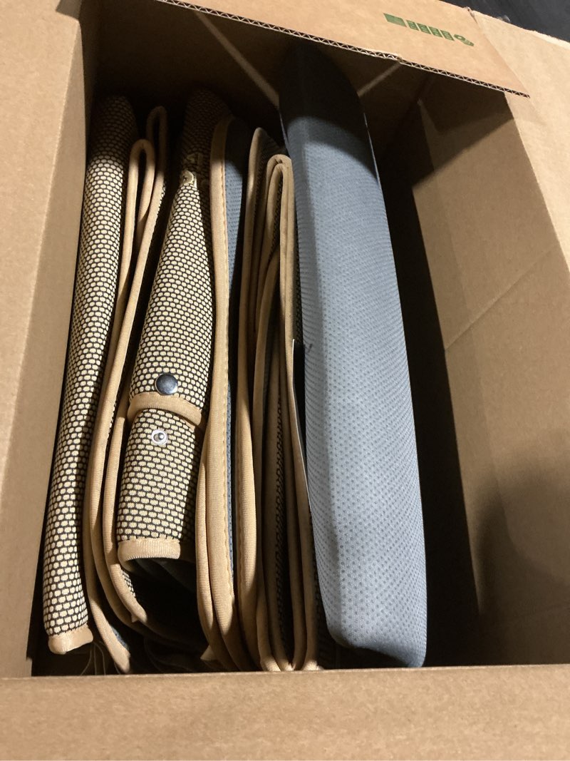 Condition photo showing As Is for Sojoy Full Set Car Seat Covers Universal Fit Car Seat Cover Front and Rear Bench Seat Cover with Headrest Easy to Install with Non-Slip Bottom (Tan)