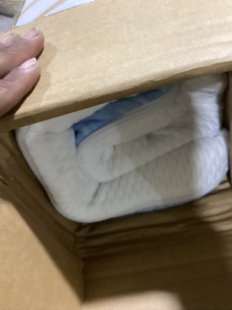 Condition photo showing As Is for mini crib mattress, 38x24x4 inch dual sided comfort gel memory foam, breathable premium baby mattress for mini and portable cribs w/removable outer cover - white&blue
