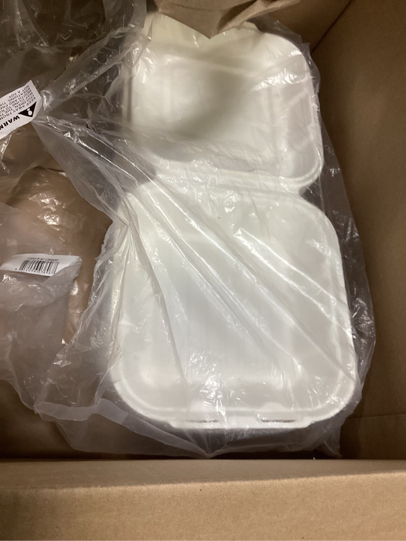 Condition photo showing Good Condition for freshware compostable clamshell food containers - 8x8\" 50-pack, biodegradable sugarcane to go boxes, heavy duty paper container - microwave & freezer safe, stackable 8 x 8 inch 30.0