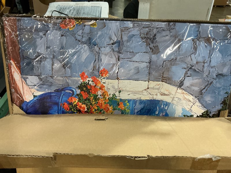 Condition photo showing New/Like New for lavikars seascape wall art navy blue oil painting reproduction print modern window view canvas paintings artwork landscape picture for living room bedroom home kitchen decor (28x58inch) 58"l x 28"w blue & orange-red window seascape