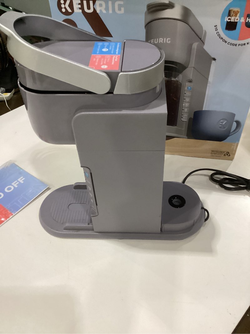 Condition photo showing As Is for keurig k-iced coffee maker, single serve k-cup pod iced coffee maker, with hot and cold coffee capabilities, brews any k-cup pod, gray, not tested, incomplete