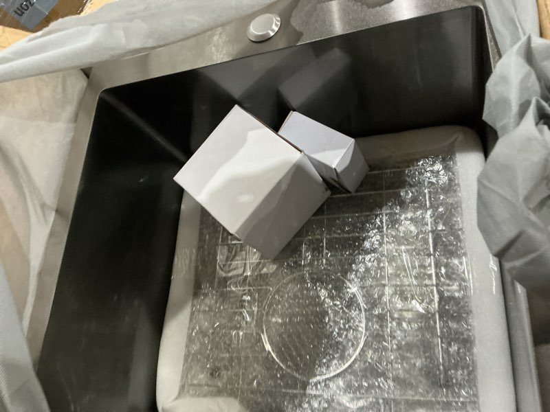 Condition photo showing Good Condition for 18x18 inch drop in black bar sink,top mount handmade 16 gauge stainless steel small black kitchen sink,9 inch deep single bowl black wet bar sink with stainless steel grid & strainer 18 x 18 inch-2 black