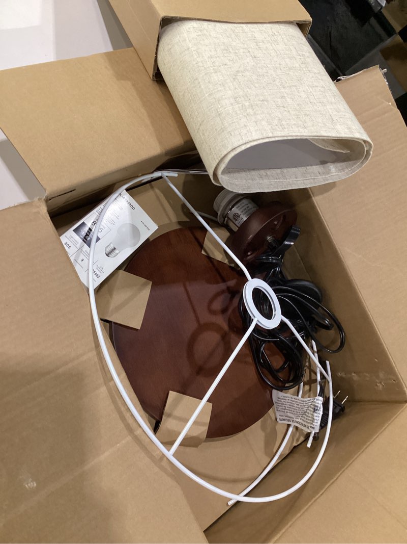 Condition photo showing As Is for btp wood tripod floor lamp for living room, 3 color temparature led bulb included, mid century modern wooden shelf floor lamp with linen shade for bedroom, office, walnut wood color fsc dark brown wood and linen shade