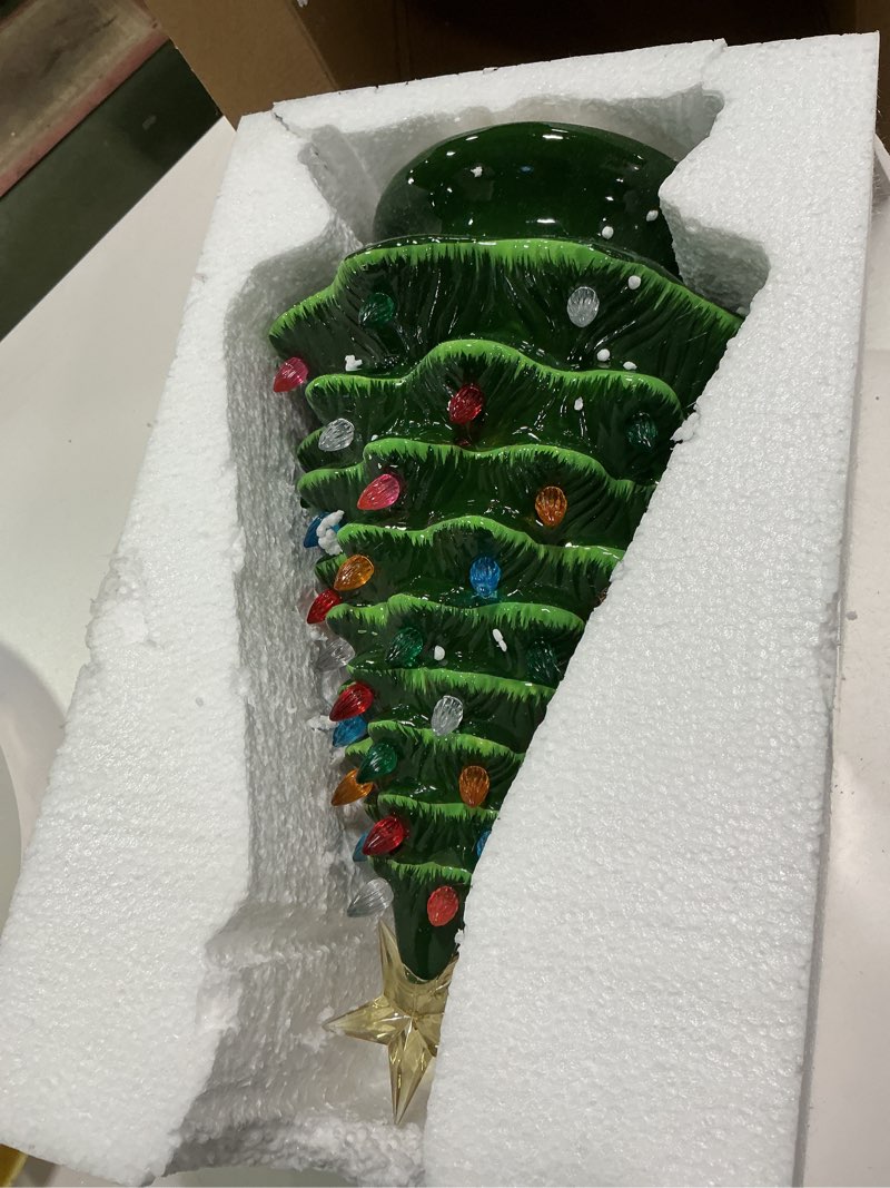 Condition photo showing Good Condition for Ceramic Christmas Tree 14”H by Moments in Time LED Lighted Vintage Inspired Tabletop Décor with Multicolor Bulbs Star Battery Operated Holiday Centerpiece Gift-Ready Holiday Packaging