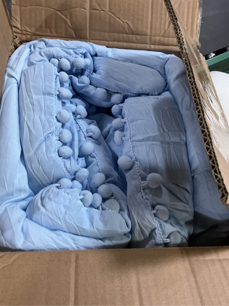 Condition photo showing item condition for PERFEMET 5 Pieces Full Bed in A Bag Light Blue Pom Pom Bedding Set for Girls Boys Soft Fluffy Boho Solid Bedding Comforter Set with Sheets(Light Blue, Full) Light Blue Full(5 Pcs)