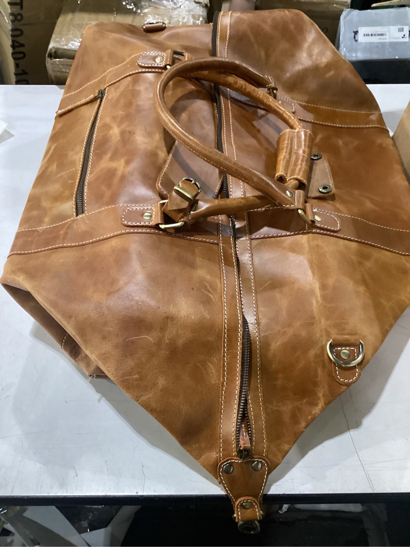 Condition photo showing Good Condition for 20 inch genuine buffalo leather travel duffle bag, overnight weekend leather bag sports gym duffel for men, airplane under seat carry on bags (tan)