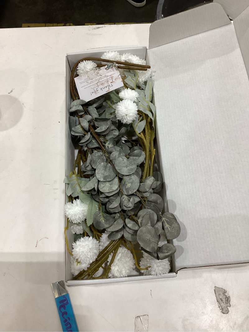 Condition photo showing New/Like New for RyddeligHome White Faux Kiku Flowers for Vase - 10 Long Stem Artificial Flowers with Eucalyptus, Realistic Winter Floral Stems for Tall Vases, Farmhouse Home Decor (Premium Quality) -White