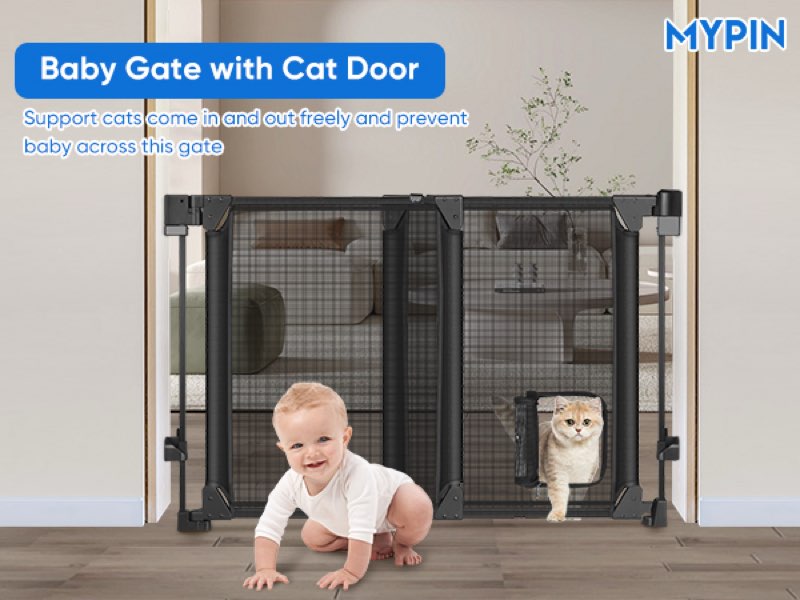 Upgraded 28-43" No Bottom Bar Baby Gate,Heavy-Duty Hardware Mount Dog Gate with Cat Door, Adjustable