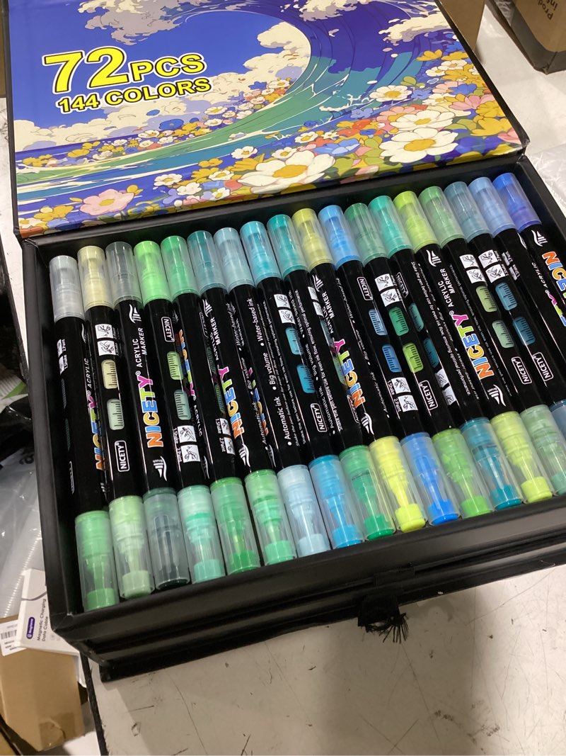 Condition photo showing As Is for nicety 144 colors acrylic paint markers – 72 pack dual tip acrylic paint pens with brush tip, water-based quick-dry non-bleed paint markers for rock, wood, glass, ceramic, fabric, and canvas
