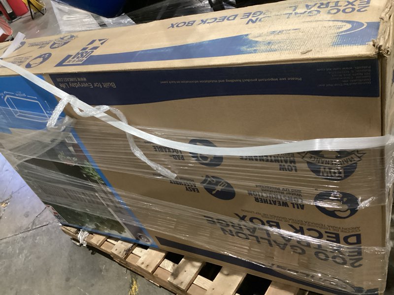 Condition photo showing New/Like New for suncast 58 in. w x 32 in. d gray plastic deck box 200 gal