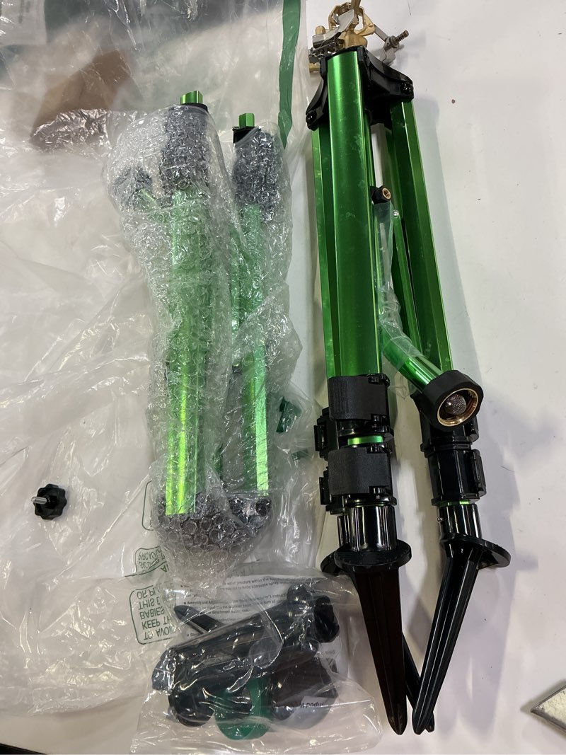 Condition photo showing Good Condition for 2 pack impact sprinkler on tripod base, 360° adjustable brass sprinkler head with stakes, heavy duty metal tripod lawn sprinkler for large area lawn, yard & garden irrigation