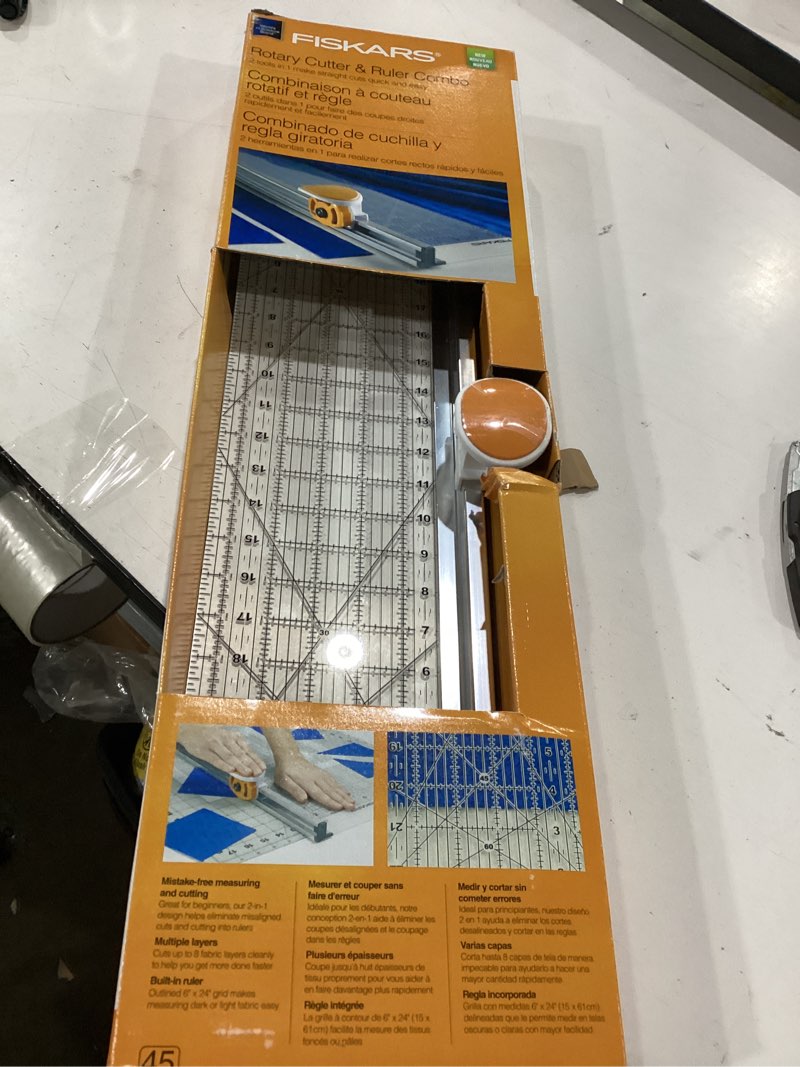 Condition photo showing Good Condition for fiskars rotary cutter and ruler, quilting ruler, rotary cutter for fabric, built-in measuring grid & spring-action blade, 24” x 6”, gray/clear
