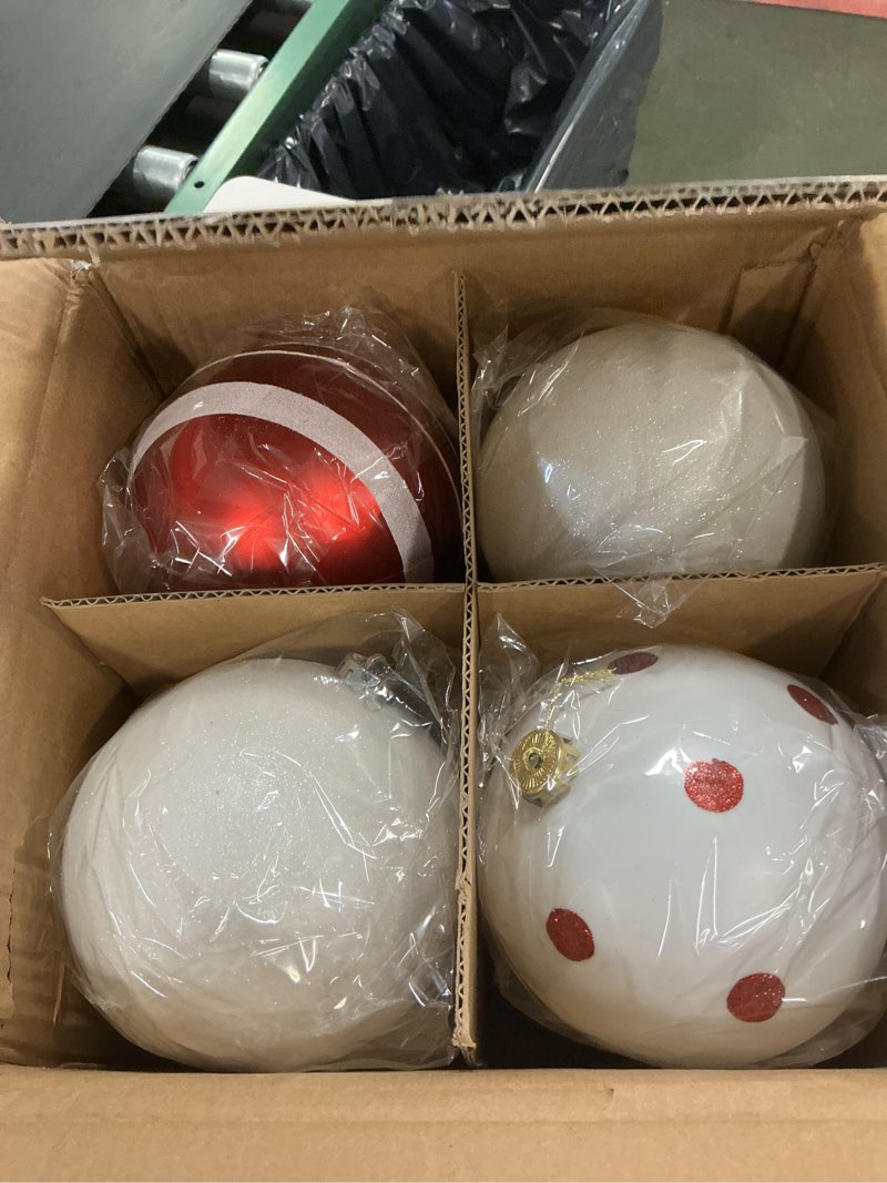 Condition photo showing Good Condition for Deekin 8 Pack Large Christmas Ball Ornaments 6 Inch Jumbo Glitter Hanging Ball Red/Green/White Candy Plastic Giant Oversizded Christmas Ornament for Indoor Outdoor Party Xmas Tree Decor (Retro)